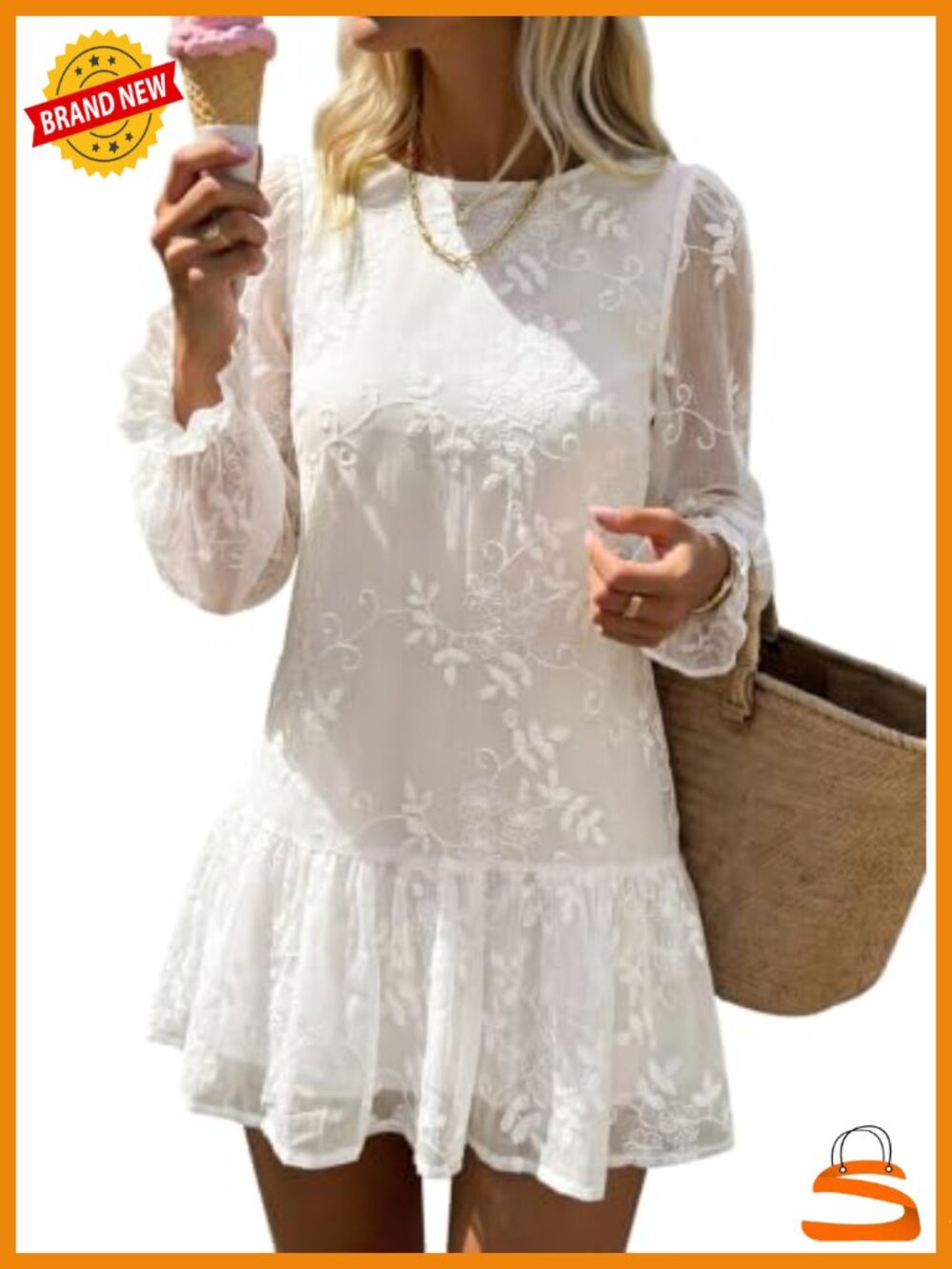 Women's Embroidered Chiffon Mini Babydoll Dress Long Sleeve Boho